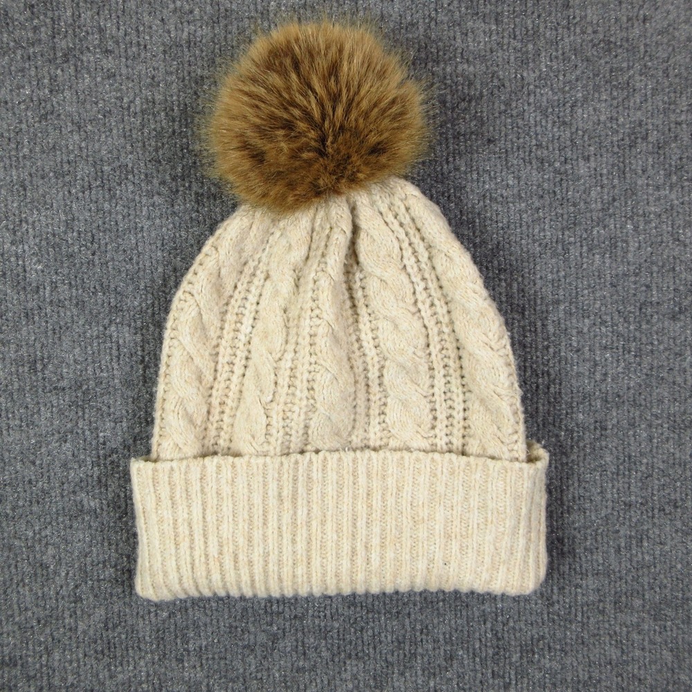 Rachel Zoe Beanie Womens Beige Cable Knit Faux Fur Pom Pom Winter Hat Cuffed